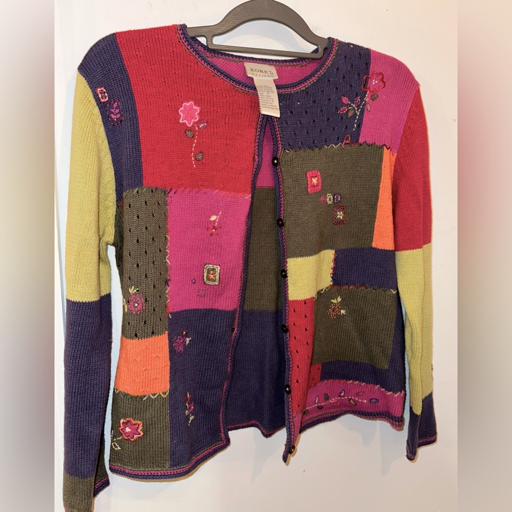Koret Colorful Patchwork Crochet Cardigan Sweater Embroidered Vintage 90s Y2K